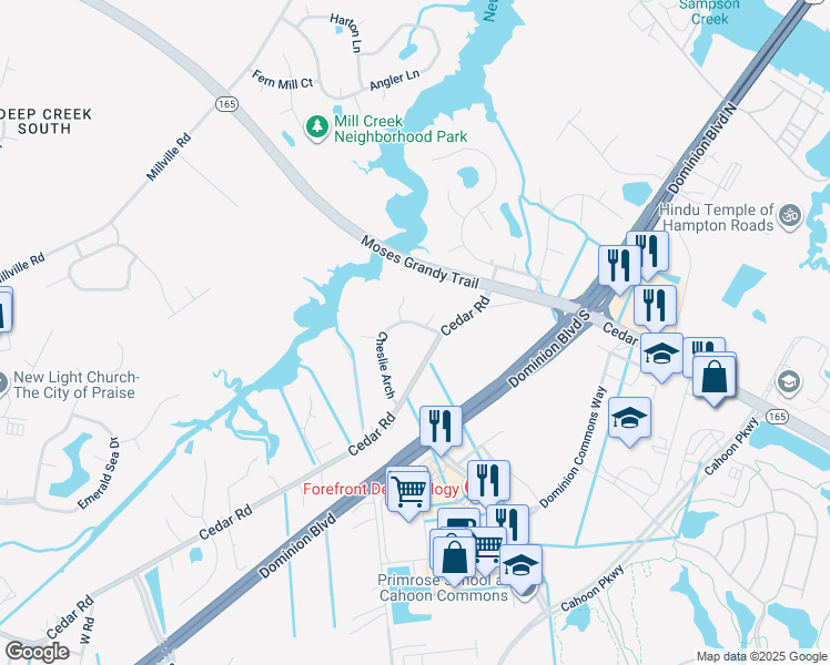 map of restaurants, bars, coffee shops, grocery stores, and more near 1705 Cheslie Arch in Chesapeake