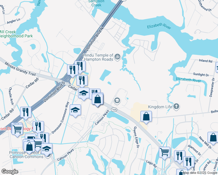 map of restaurants, bars, coffee shops, grocery stores, and more near 1428 Cedar Road in Chesapeake