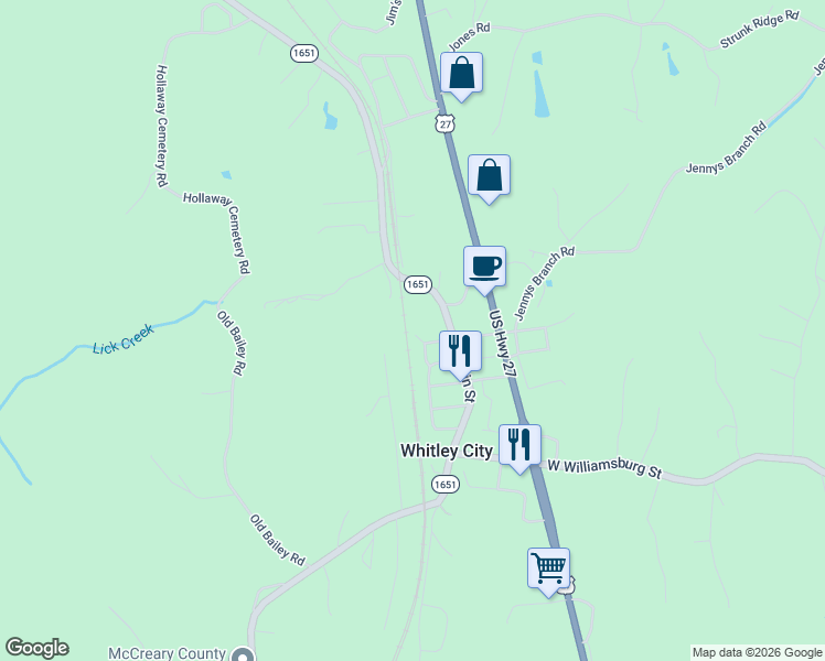 map of restaurants, bars, coffee shops, grocery stores, and more near 51 Bon L Bybee Way in Whitley City
