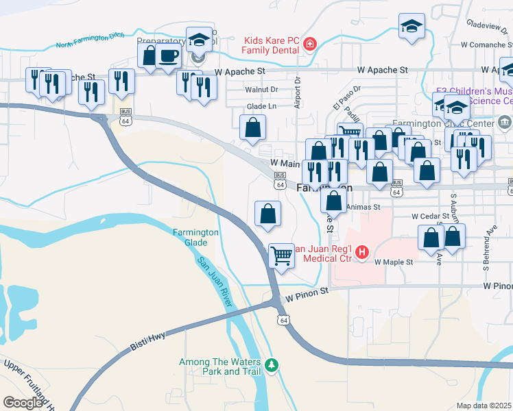 map of restaurants, bars, coffee shops, grocery stores, and more near 1001 East Broadway Avenue in Farmington