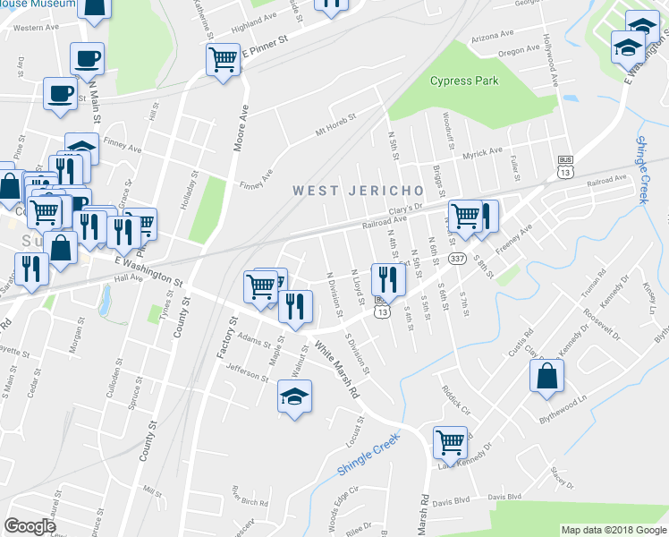 map of restaurants, bars, coffee shops, grocery stores, and more near 210 North Division Street in Suffolk