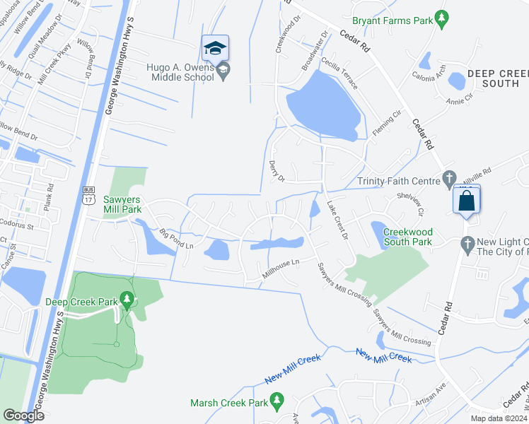 map of restaurants, bars, coffee shops, grocery stores, and more near 300 Hickory Hinge Way in Chesapeake