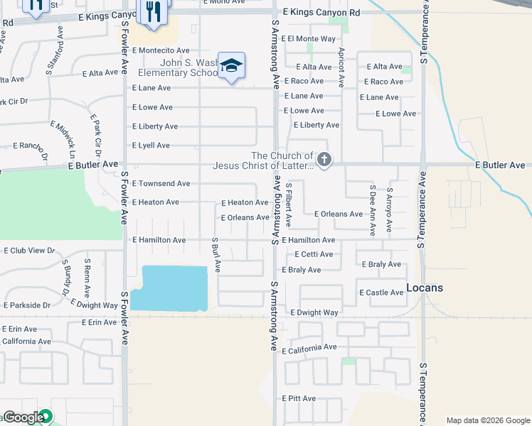 map of restaurants, bars, coffee shops, grocery stores, and more near 6499 East Heaton Avenue in Fresno