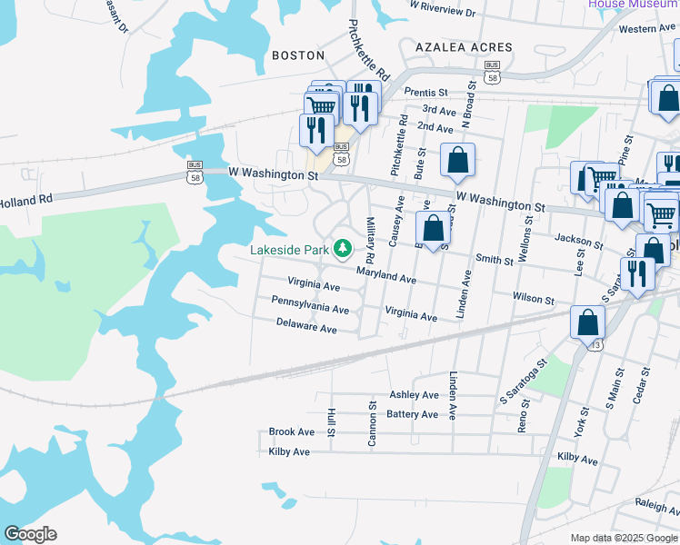 map of restaurants, bars, coffee shops, grocery stores, and more near 917 Maryland Avenue in Suffolk
