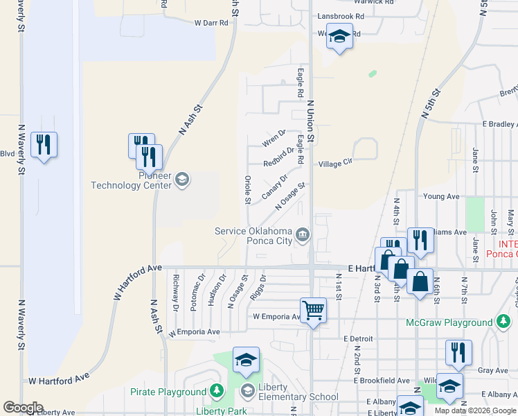 map of restaurants, bars, coffee shops, grocery stores, and more near 2100 Canary Drive in Ponca City