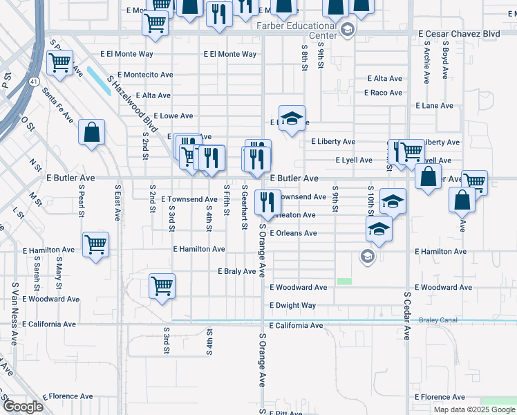 map of restaurants, bars, coffee shops, grocery stores, and more near 1520 South Orange Avenue in Fresno