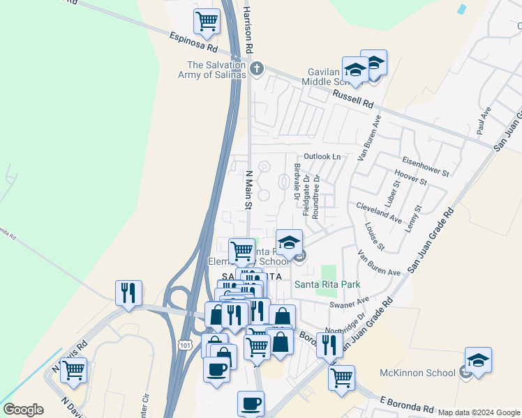 map of restaurants, bars, coffee shops, grocery stores, and more near 13 Perez Circle in Salinas