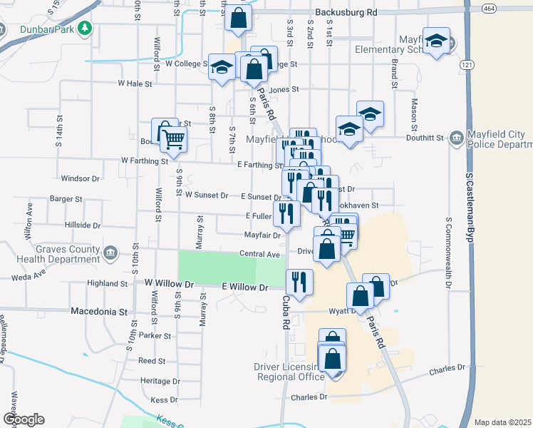 map of restaurants, bars, coffee shops, grocery stores, and more near 221 East Fuller Street in Mayfield