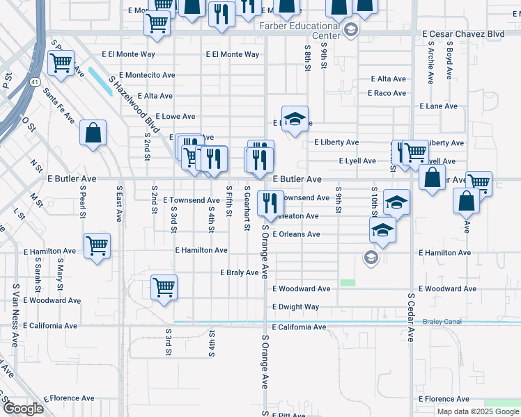 map of restaurants, bars, coffee shops, grocery stores, and more near 1507 South Gearhart Street in Fresno