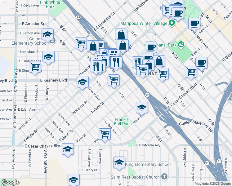 map of restaurants, bars, coffee shops, grocery stores, and more near 961 B St in Fresno
