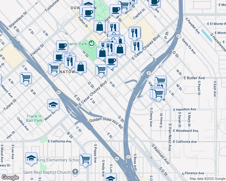 map of restaurants, bars, coffee shops, grocery stores, and more near 535 H Street in Fresno