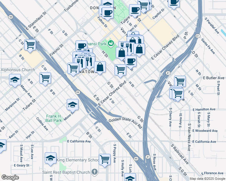 map of restaurants, bars, coffee shops, grocery stores, and more near 603 G St in Fresno