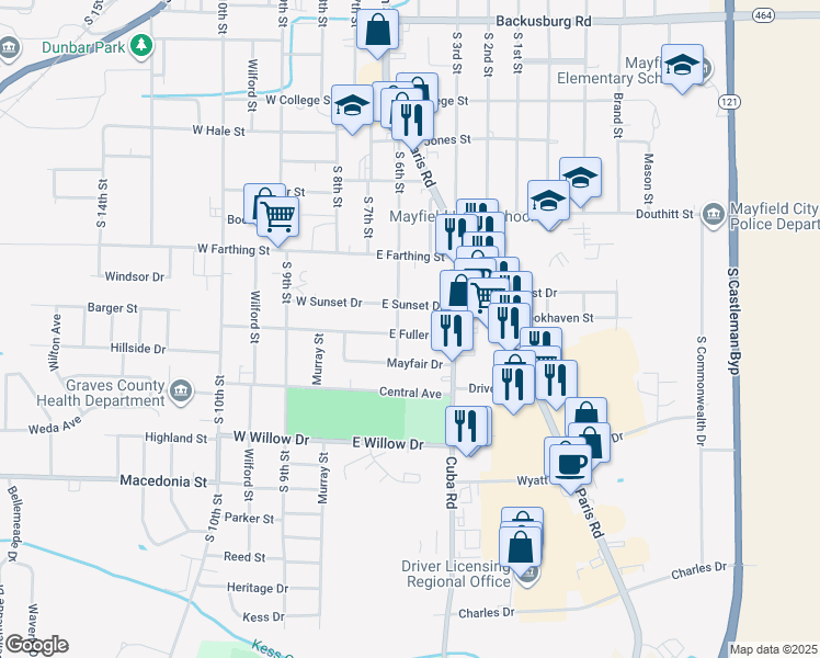 map of restaurants, bars, coffee shops, grocery stores, and more near 221 East Fuller Street in Mayfield