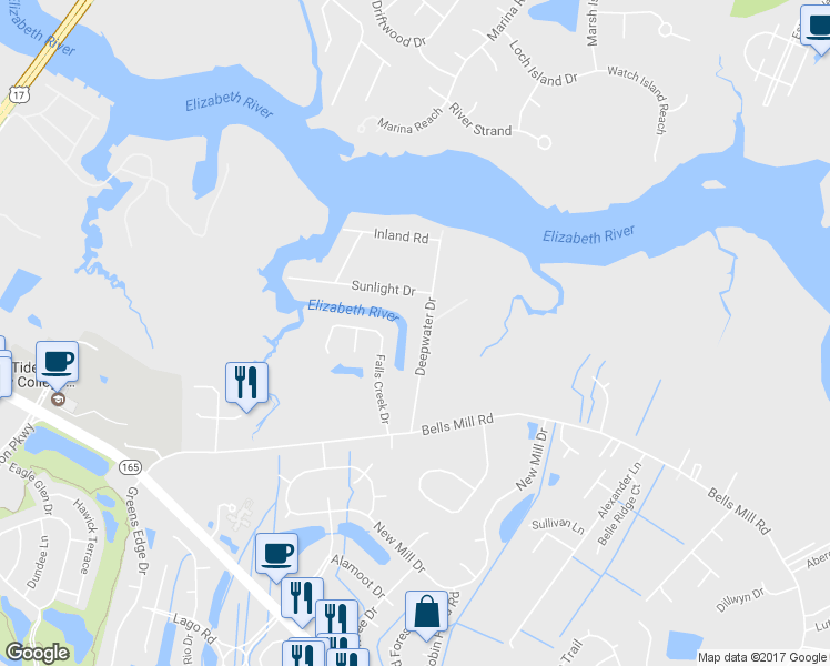 map of restaurants, bars, coffee shops, grocery stores, and more near 212 Deepwater Drive in Chesapeake