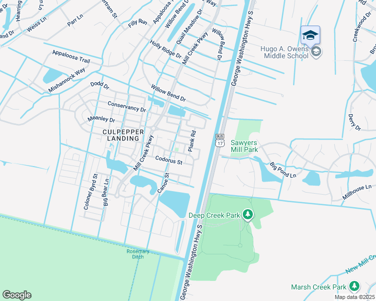 map of restaurants, bars, coffee shops, grocery stores, and more near 513 Atamasco Street in Chesapeake