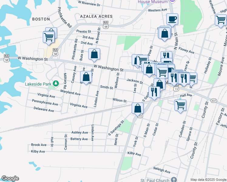 map of restaurants, bars, coffee shops, grocery stores, and more near 128 Wellons Street in Suffolk