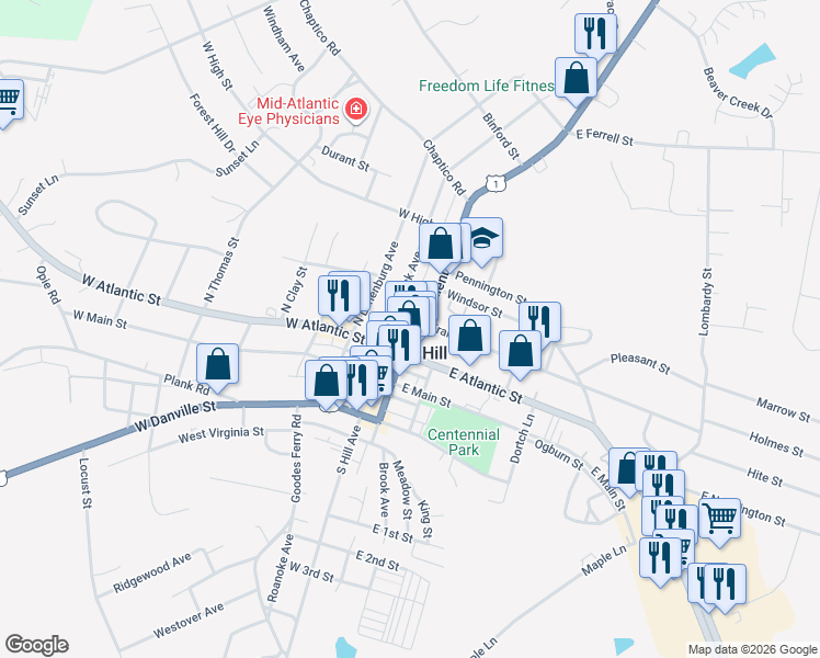 map of restaurants, bars, coffee shops, grocery stores, and more near 123 North Mecklenburg Avenue in South Hill