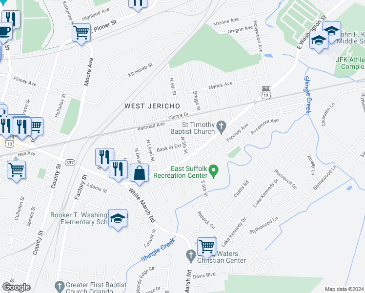 map of restaurants, bars, coffee shops, grocery stores, and more near 111 North 5th Street in Suffolk