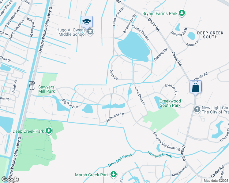 map of restaurants, bars, coffee shops, grocery stores, and more near 304 Overshot Arch in Chesapeake