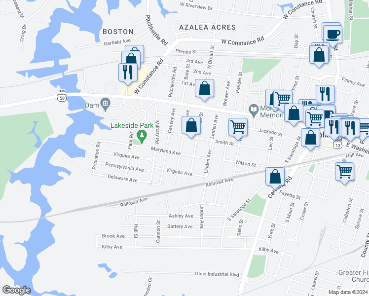 map of restaurants, bars, coffee shops, grocery stores, and more near 210 Bosley Avenue in Suffolk