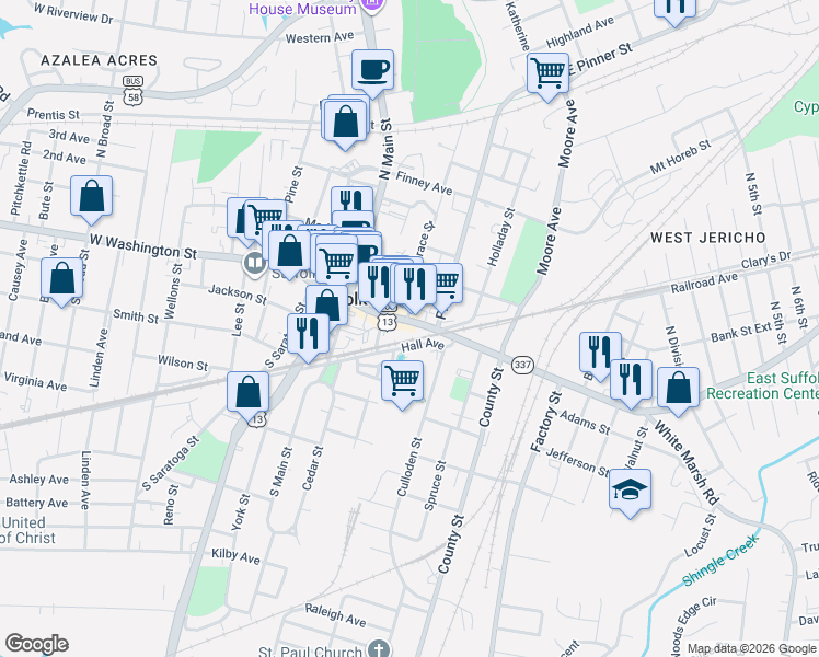 map of restaurants, bars, coffee shops, grocery stores, and more near 189 East Washington Street in Suffolk