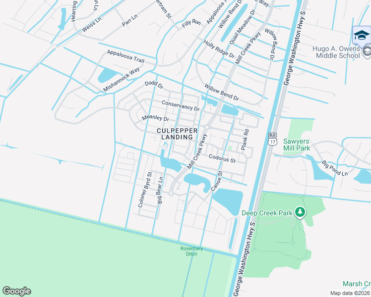 map of restaurants, bars, coffee shops, grocery stores, and more near 608 Robert Frost Road in Chesapeake