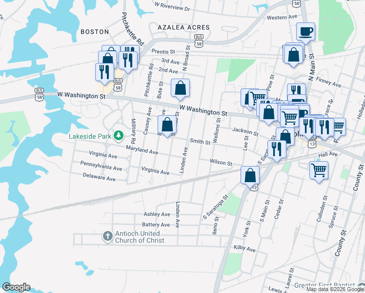 map of restaurants, bars, coffee shops, grocery stores, and more near 205 Linden Ave in Suffolk