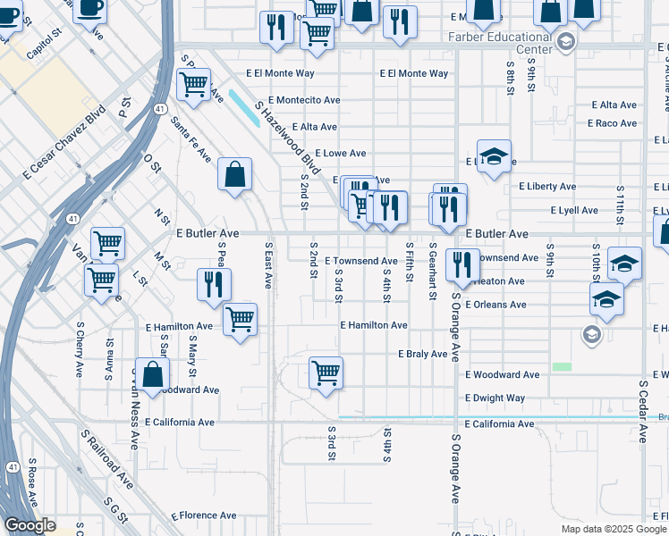 map of restaurants, bars, coffee shops, grocery stores, and more near 1512 South 3rd Street in Fresno