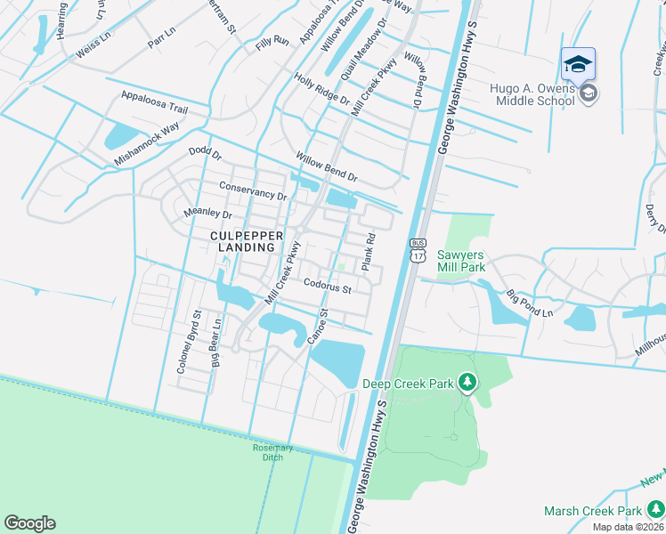 map of restaurants, bars, coffee shops, grocery stores, and more near 520 Hermit Thrush Way in Chesapeake