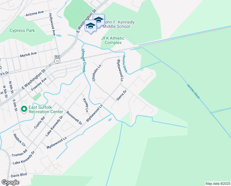 map of restaurants, bars, coffee shops, grocery stores, and more near 1305 Blythewood Lane in Suffolk