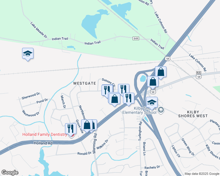 map of restaurants, bars, coffee shops, grocery stores, and more near 319 Northbrooke Avenue in Suffolk