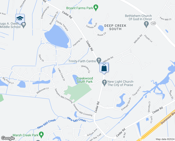 map of restaurants, bars, coffee shops, grocery stores, and more near 517 Shelview Circle in Chesapeake
