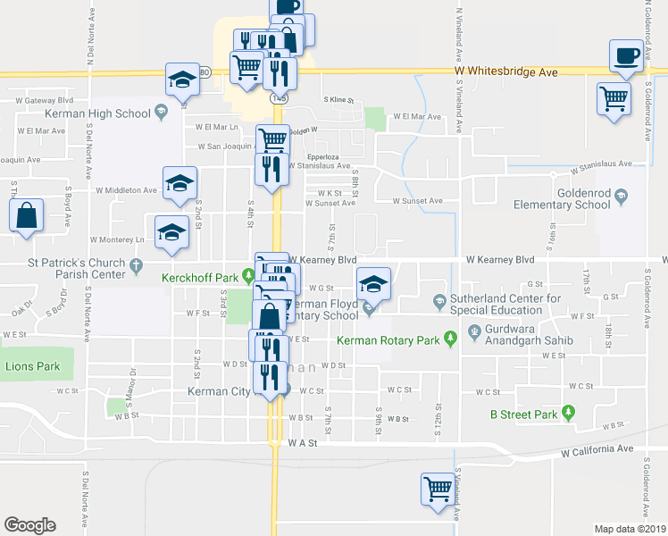 map of restaurants, bars, coffee shops, grocery stores, and more near 14797 West Kearney Boulevard in Kerman