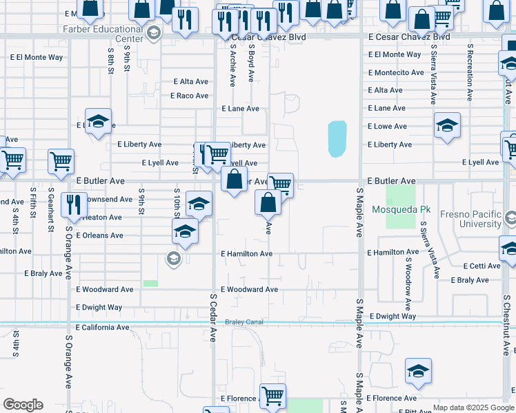 map of restaurants, bars, coffee shops, grocery stores, and more near 1554 South Chance Avenue in Fresno
