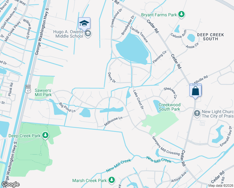 map of restaurants, bars, coffee shops, grocery stores, and more near 304 Overshot Arch in Chesapeake