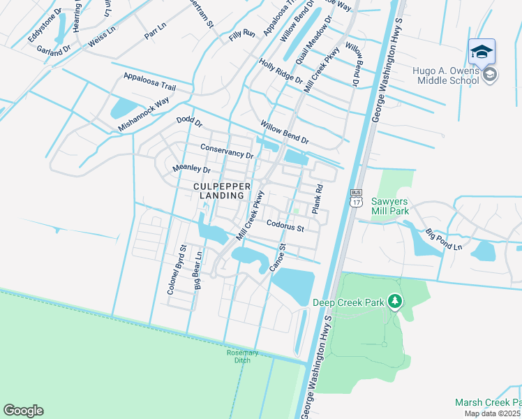 map of restaurants, bars, coffee shops, grocery stores, and more near 601 Mill Creek Parkway in Chesapeake