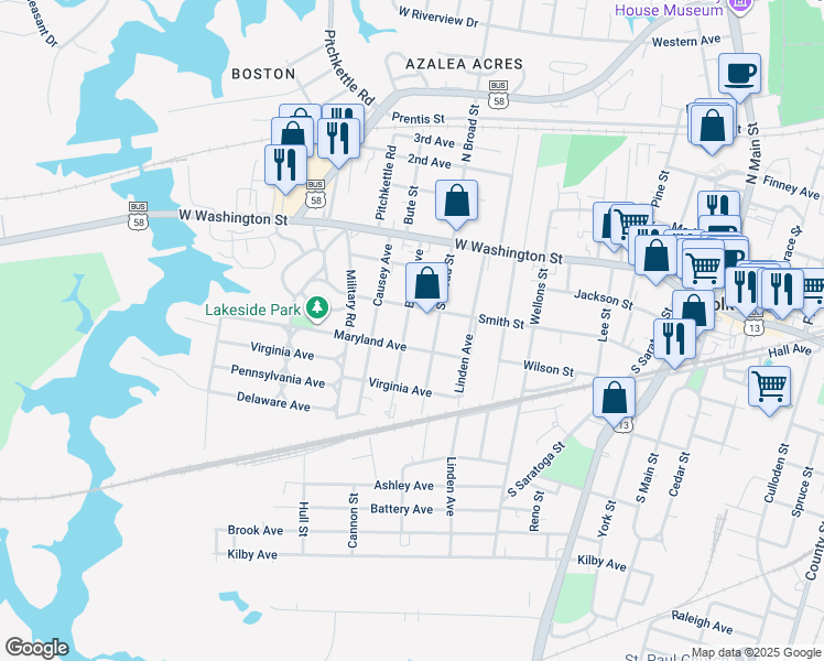 map of restaurants, bars, coffee shops, grocery stores, and more near 208 Bosley Avenue in Suffolk