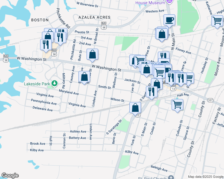 map of restaurants, bars, coffee shops, grocery stores, and more near 201 Wellons Street in Suffolk