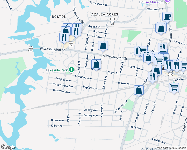 map of restaurants, bars, coffee shops, grocery stores, and more near 208 Bosley Avenue in Suffolk