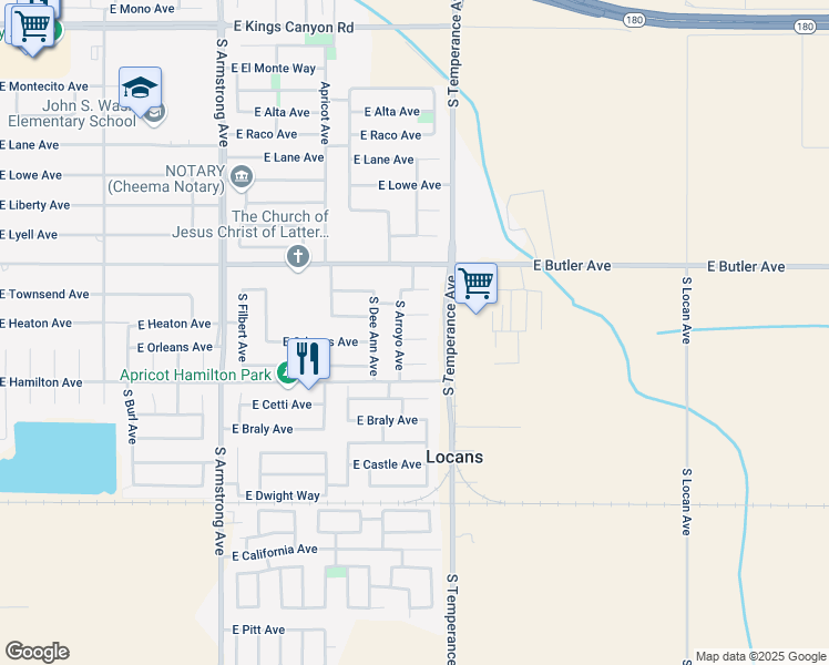 map of restaurants, bars, coffee shops, grocery stores, and more near 6874 East Orleans Avenue in Fresno
