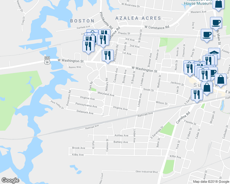 map of restaurants, bars, coffee shops, grocery stores, and more near 206 Causey Avenue in Suffolk