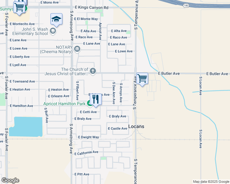 map of restaurants, bars, coffee shops, grocery stores, and more near 599 South Dee Ann Avenue in Fresno