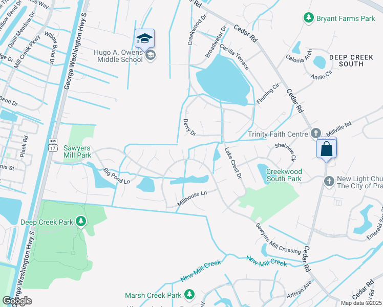 map of restaurants, bars, coffee shops, grocery stores, and more near 304 Overshot Arch in Chesapeake