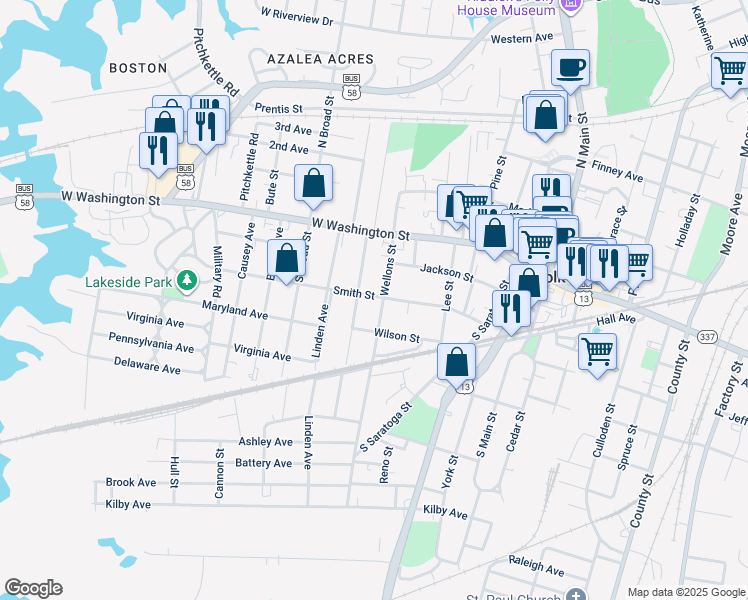 map of restaurants, bars, coffee shops, grocery stores, and more near 455 Smith Street in Suffolk