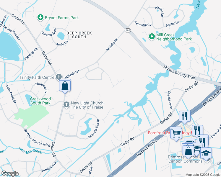 map of restaurants, bars, coffee shops, grocery stores, and more near 2140 Tall Pine Drive in Chesapeake