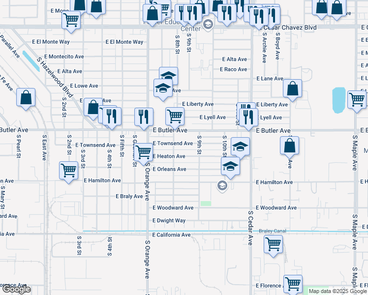 map of restaurants, bars, coffee shops, grocery stores, and more near 3862 East Townsend Avenue in Fresno