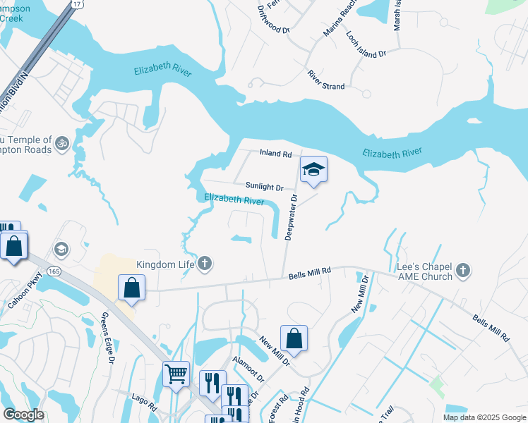 map of restaurants, bars, coffee shops, grocery stores, and more near 827 Falls Creek Drive in Chesapeake