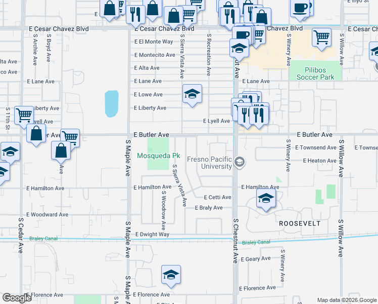 map of restaurants, bars, coffee shops, grocery stores, and more near 1519 South Whitney Avenue in Fresno