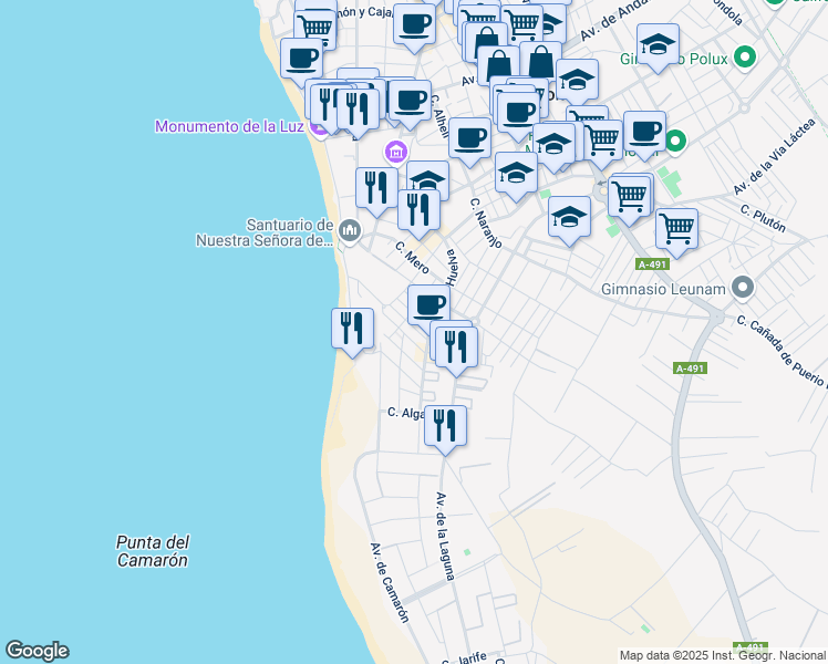 map of restaurants, bars, coffee shops, grocery stores, and more near 60 Calle Bonito in Chipiona