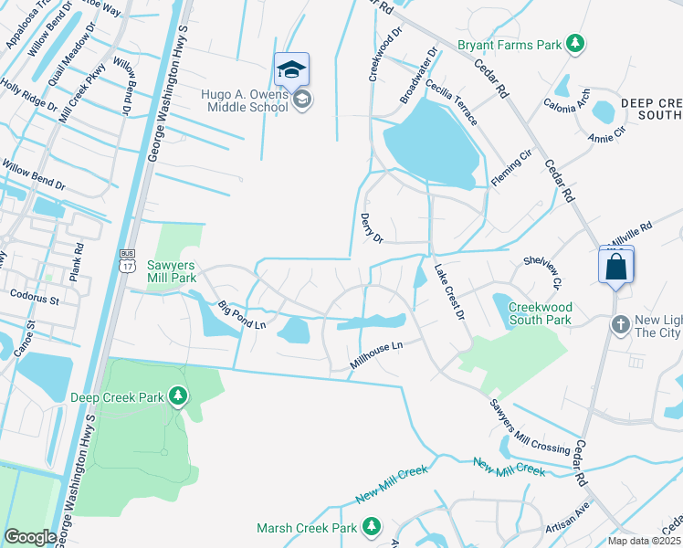map of restaurants, bars, coffee shops, grocery stores, and more near 309 Silver Rail Lane in Chesapeake